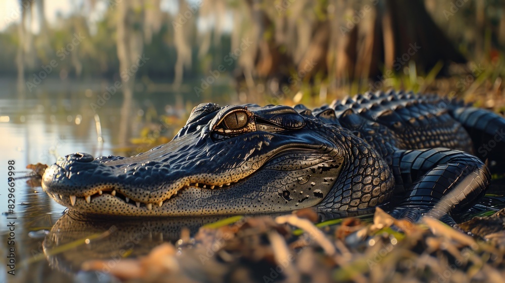 Obraz premium Close-up shot of an alligator in the water. Suitable for nature and wildlife themes
