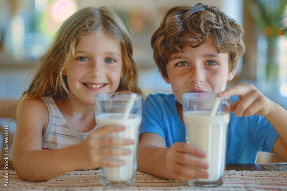 A young girl and boy sitting at a table in a brightly lit room, each drinking milk from a glass. The room is filled with vibrant colors and natural light, creating a cheerful and energetic A young girl and boy sitting at a table in a brightly lit room, each drinking milk from a glass. The room is filled with vibrant colors and natural light, creating a cheerful and energetic
