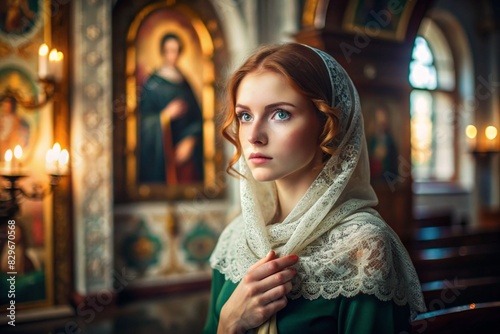 Portrait of a beautiful young woman in a headscarf in an Orthodox church. A girl prays in a church against the background of icons. photo