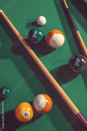 A pool table with various colored balls and cues. Ideal for sports and leisure concepts