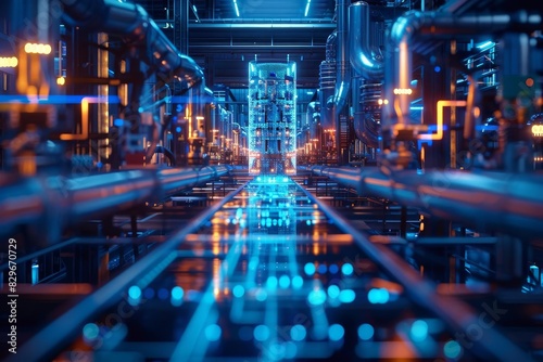 A futuristic sci-fi scene of a long  brightly lit futuristic industrial interior with pipes and machinery. The perspective is from the ground looking up.
