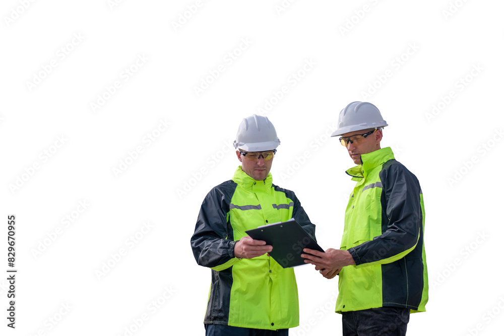 Engineer wearing uniform inspection and see detail on tablet with logistics container dock cargo yard with working crane bridge in shipyard with white background.