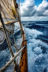 Tableau sur toile  A serene view of the ocean from a sailboat. Perfect for travel brochures or maritime websites  © Fotograf
