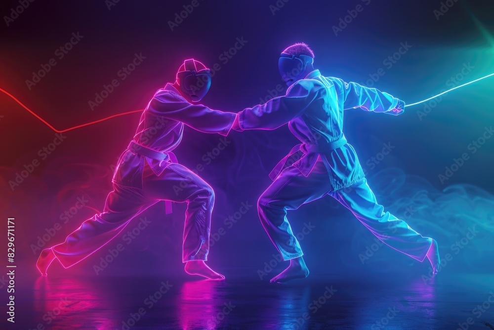 Two men engaged in a fencing match. Suitable for sports and competition concepts Two men engaged in a fencing match. Suitable for sports and competition concepts