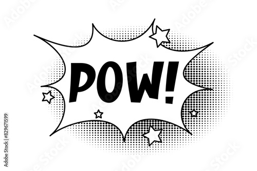 Speech bubble with the inscription pow, comic style cloud, stars. Hand drawn sketch element with halftone shadow.