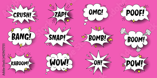 A set of speech bubbles with expressive inscriptions, clouds and explosions in a comic style on a bright pink background. Retro banner in pop art style with halftone shadows, doodle element. 