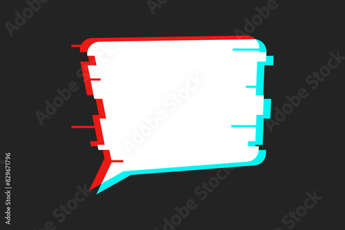 White speech bubble with retro glitch effect on a textured background. Broken pixels, banner template with empty space for text, vaporwave style design element.