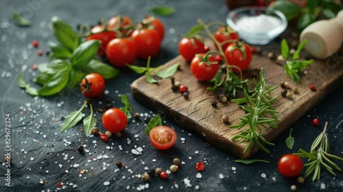 Fresh tomatoes and herbs on a cutting board, perfect for food blogs or recipes © Fotograf
