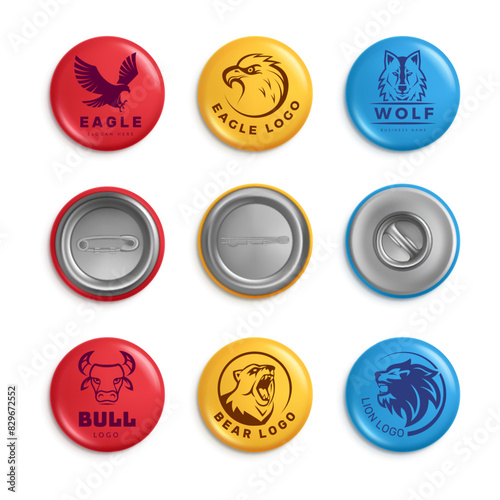 Realistic pin button animal badges collections stylized bird wolf eagle and bear