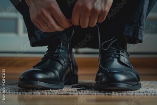 Person tying up a pair of black shoes. Suitable for fashion or lifestyle concepts