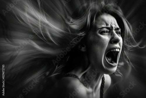 A woman captured screaming in black and white. Suitable for dramatic concepts