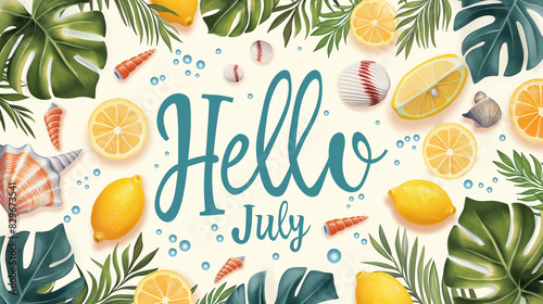 Background featuring summer elements like lemonade, seashells, and tropical leaves on the sides, in the center the text 