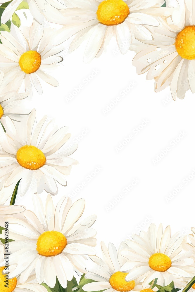 Fototapeta premium daisy themed frame or border for photos and text. with white petals and yellow centers. watercolor illustration, Perfect for nursery art, simple clipart, single object, white color background.
