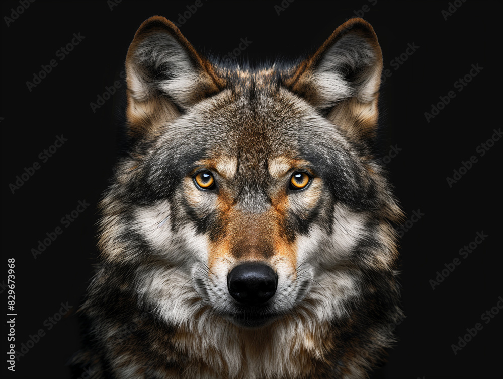 Eye to eye portrait with grey wolf female on black background. Square image 