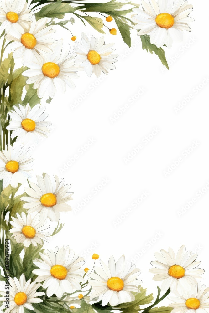 Fototapeta premium daisy themed frame or border for photos and text. with white petals and yellow centers. watercolor illustration, Perfect for nursery art, simple clipart, single object, white color background.