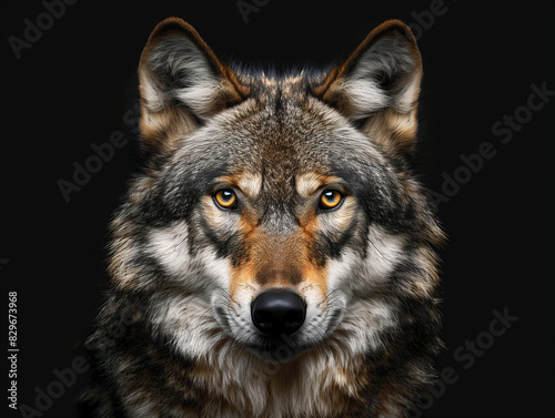 Eye to eye portrait with grey wolf female on black background. Square image 