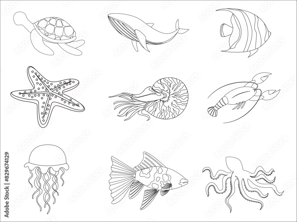 collection of line art illustrations of fish and marine animals collection of line art illustrations of fish and marine animals