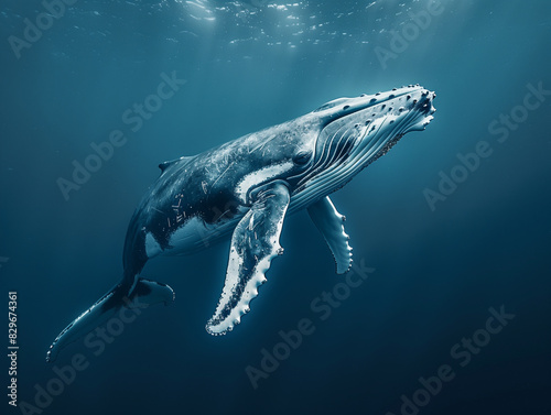 Humpback whale playing near the surface in blue ocean water 