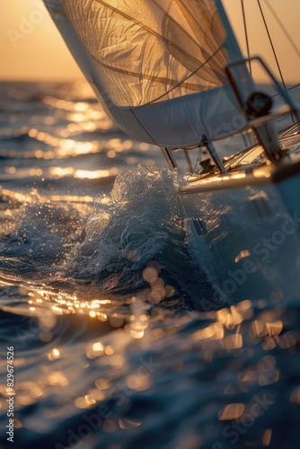 A picturesque sailboat sailing in the ocean at sunset. Suitable for travel and leisure concepts