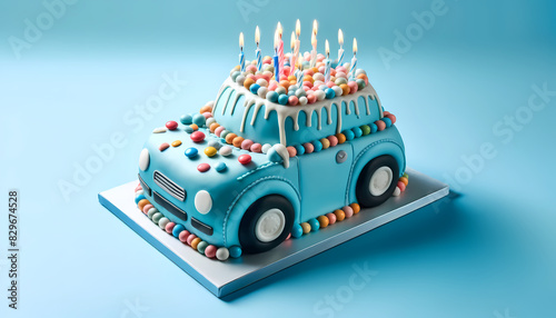 A whimsical birthday cake designed to look like a classic car, adorned with colorful candies and lit candles