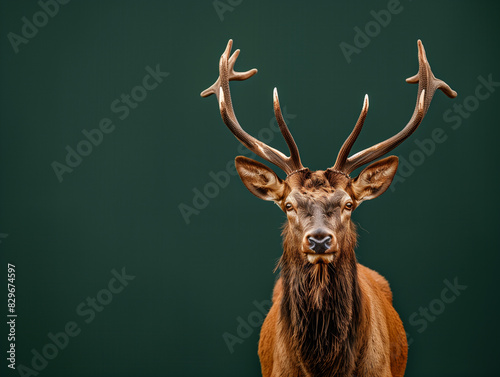 Majestic elk with copyspace on a forest green background photo