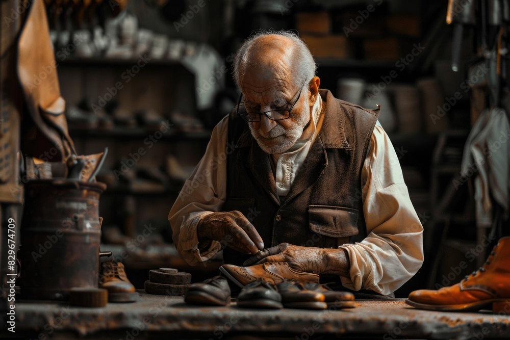 A man working on a shoe in a shoe repair shop. Ideal for business concept designs A man working on a shoe in a shoe repair shop. Ideal for business concept designs