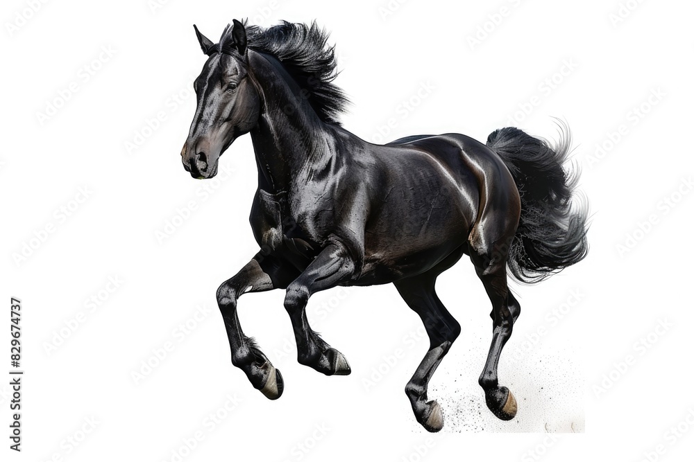 A powerful black horse in motion. Suitable for equestrian and animal-themed designs