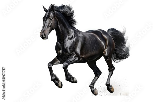 A powerful black horse in motion. Suitable for equestrian and animal-themed designs