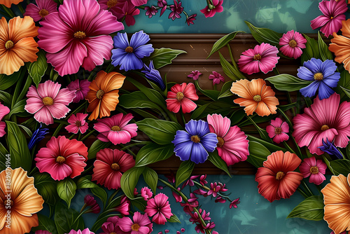 A colorful floral arrangement is displayed on a wooden frame