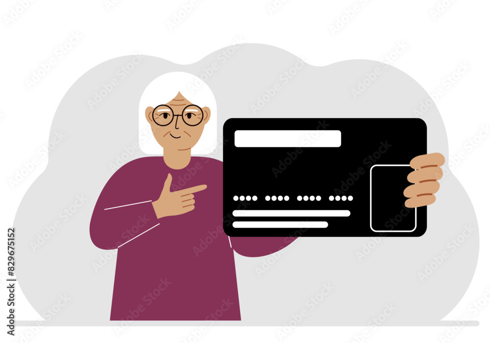 A woman holds a large plastic credit card in his hand. Vector illustration A woman holds a large plastic credit card in his hand. Vector illustration
