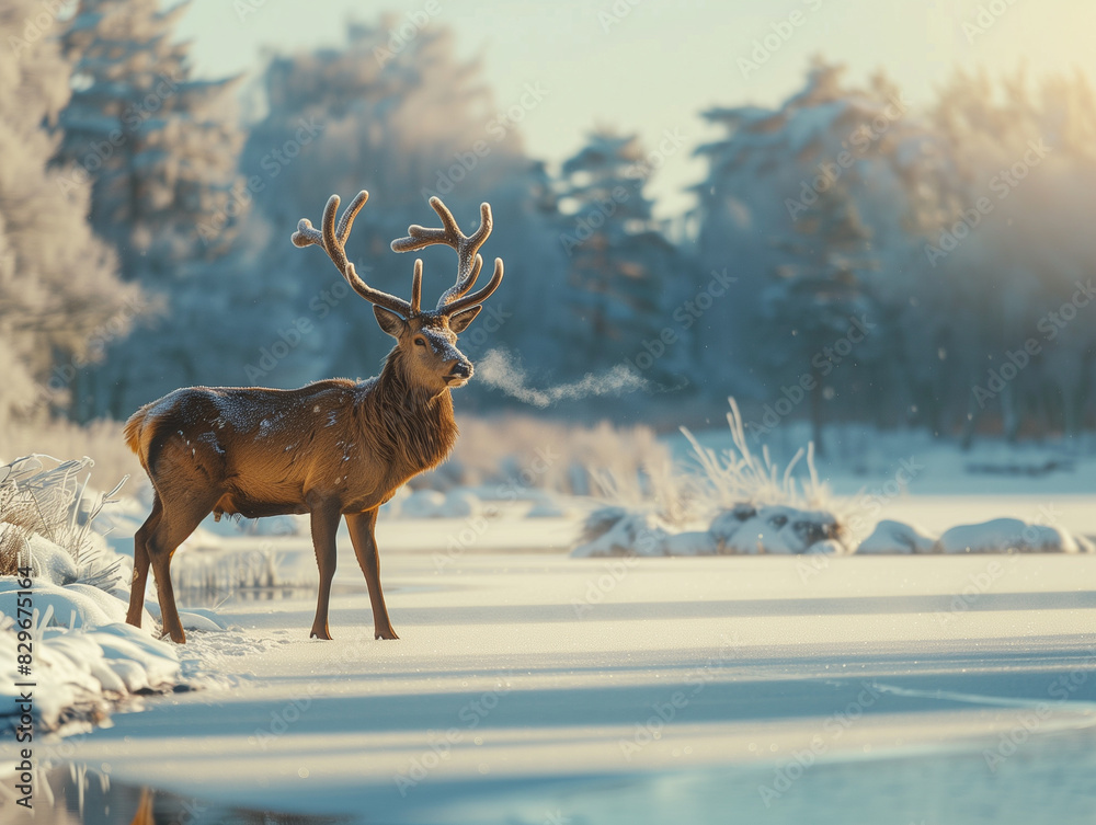 Tranquil winter deer by a frozen lake, its breath visible in the crisp air, as it gracefully moves through the snow Tranquil winter deer by a frozen lake, its breath visible in the crisp air, as it gracefully moves through the snow