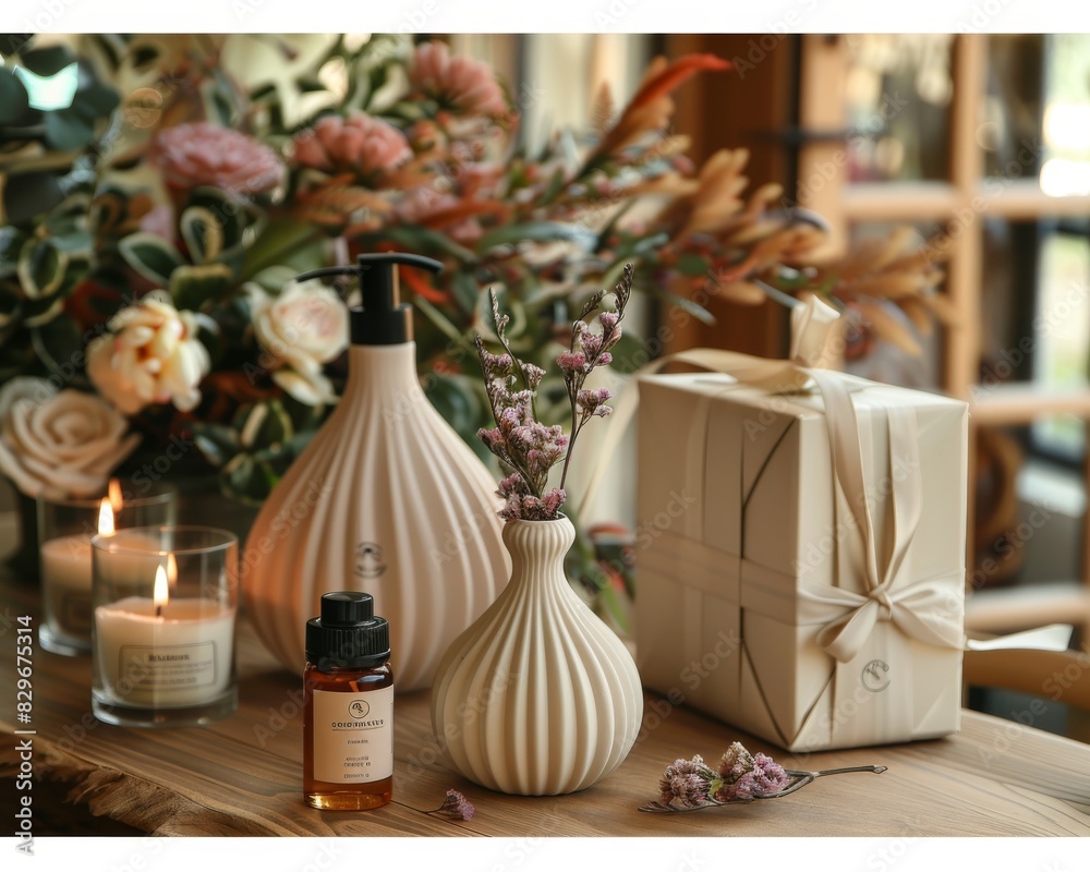 The photo shows a ceramic vase with a flower and a ceramic aroma diffuser with aroma oil on the table. There are candles and a bouquet of flowers on the table.