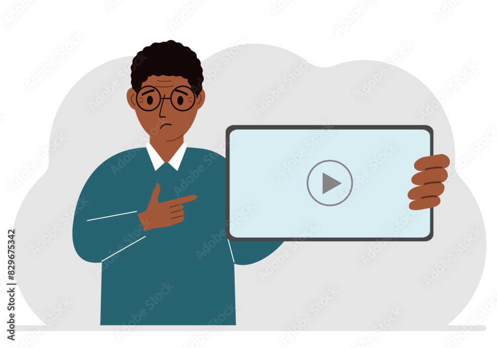 Man holding tablet computer with video player. Marketing concept in flat style. Vector flat illustration. Man holding tablet computer with video player. Marketing concept in flat style. Vector flat illustration.