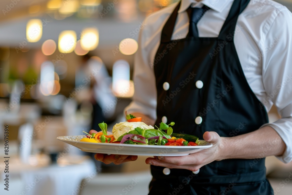 Waiter Serving Gourmet Salad at Upscale Restaurant