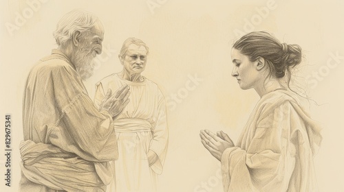 Biblical Illustration: Hannah's Temple Prayer, Eli Observing, Beige Background, Copyspace photo