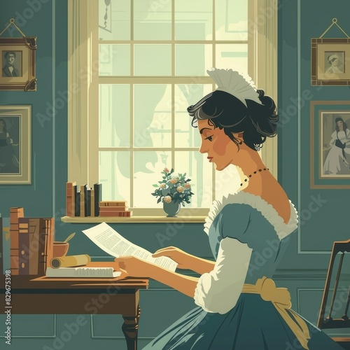 British maid reading a letter flat design side view Regency era animation Triadic Color Scheme