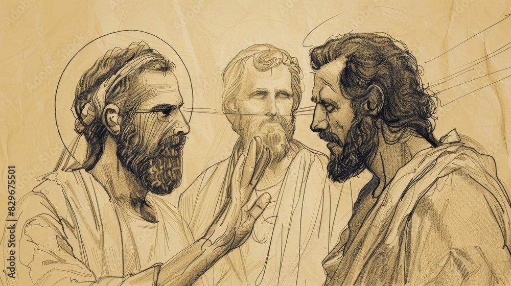 Fototapeta premium Biblical Illustration: Saul's Conversion, Blinded on Damascus Road, Jesus' Vision, Transformation, Beige Background, Copyspace