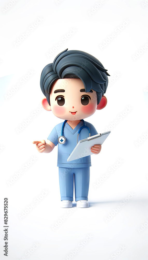 Cute cartoon doctor character holding a clipboard and stethoscope, dressed in blue scrubs on the white background with copy space. Concept for healthcare-themed illustrations and children's content. Cute cartoon doctor character holding a clipboard and stethoscope, dressed in blue scrubs on the white background with copy space. Concept for healthcare-themed illustrations and children's content.