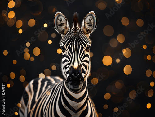 Zebra animal dark wallpaper with bokeh and lights  nature panorama 