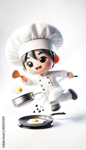 Cheerful cartoon chef character cooking eggs with a big smile, holding spoon on the white background with copy space. Concept for culinary-themed illustrations and children's content.