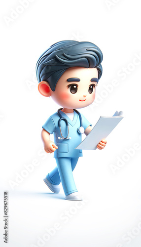 Cute cartoon doctor character walking with a clipboard and stethoscope on the white background with copy space. Concept for healthcare-themed illustrations and children's content