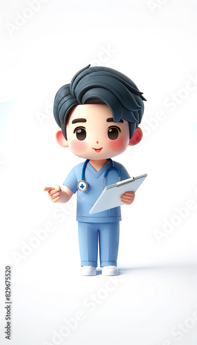Cute cartoon doctor character holding a clipboard and stethoscope, dressed in blue scrubs on the white background with copy space. Concept for healthcare-themed illustrations and children's content.