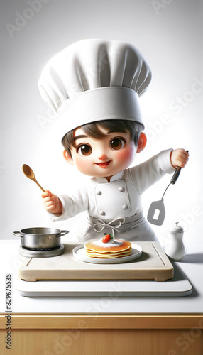 Charming cartoon chef character happily cooking pancakes, holding a spoon and spatula on the white background with copy space. Concept for culinary themes and children's content.