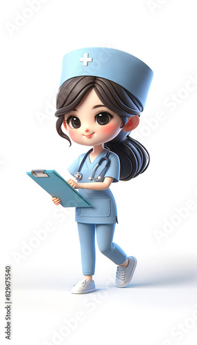 Adorable cartoon nurse character holding a clipboard and stethoscope, dressed in blue clothes on the white background. Concept for healthcare-themed illustrations and children's content