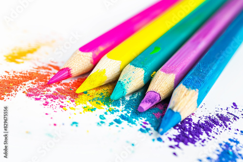A set of vibrant colored pencils lying on colorful dust, creating an artistic and playful scene. Concept for creative, educational, and artistic content.