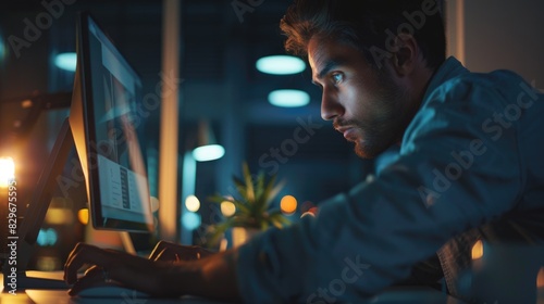 A man sitting in front of a computer screen late at night. Suitable for business or technology concepts photo