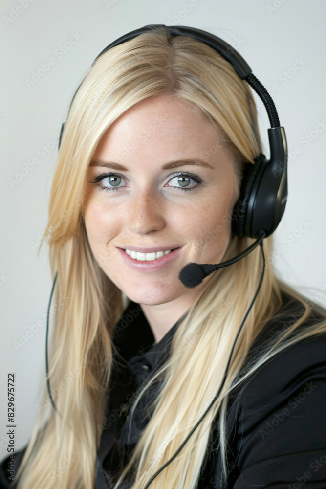 a portrait style photograph of a beautiful blonde customer service woman looking directly at the camera on a headset, white background a portrait style photograph of a beautiful blonde customer service woman looking directly at the camera on a headset, white background