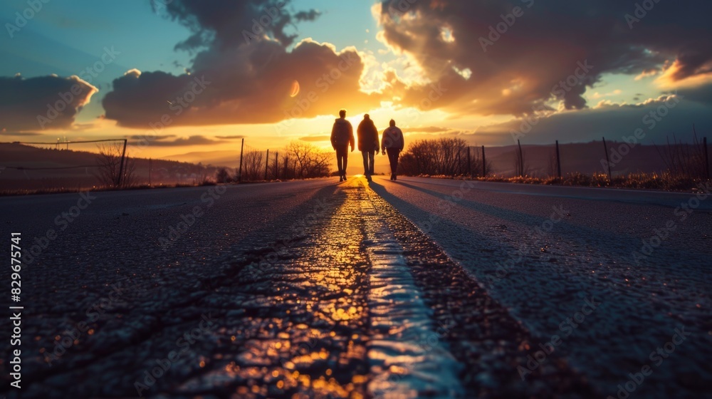 Couple walking down road at sunset, perfect for travel blogs Couple walking down road at sunset, perfect for travel blogs