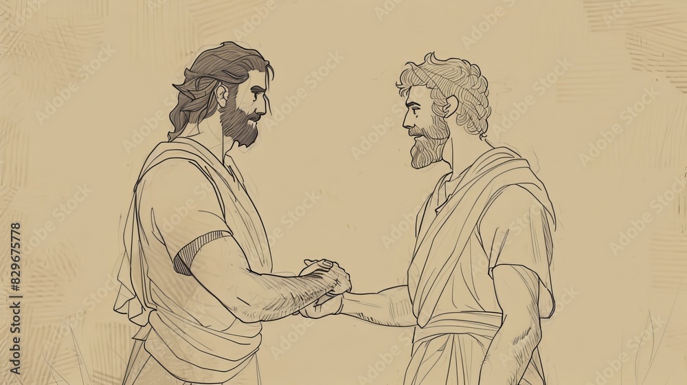 Fototapeta premium Biblical Illustration: David and Jonathan's Friendship, Covenant Agreement, Beige Background, Copyspace