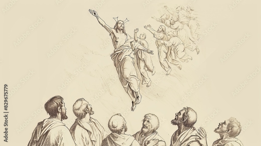 Biblical Illustration: Jesus' Ascension, Heavenward, Disciples Watch, Angels Explain, Beige Background, Copyspace Biblical Illustration: Jesus' Ascension, Heavenward, Disciples Watch, Angels Explain, Beige Background, Copyspace